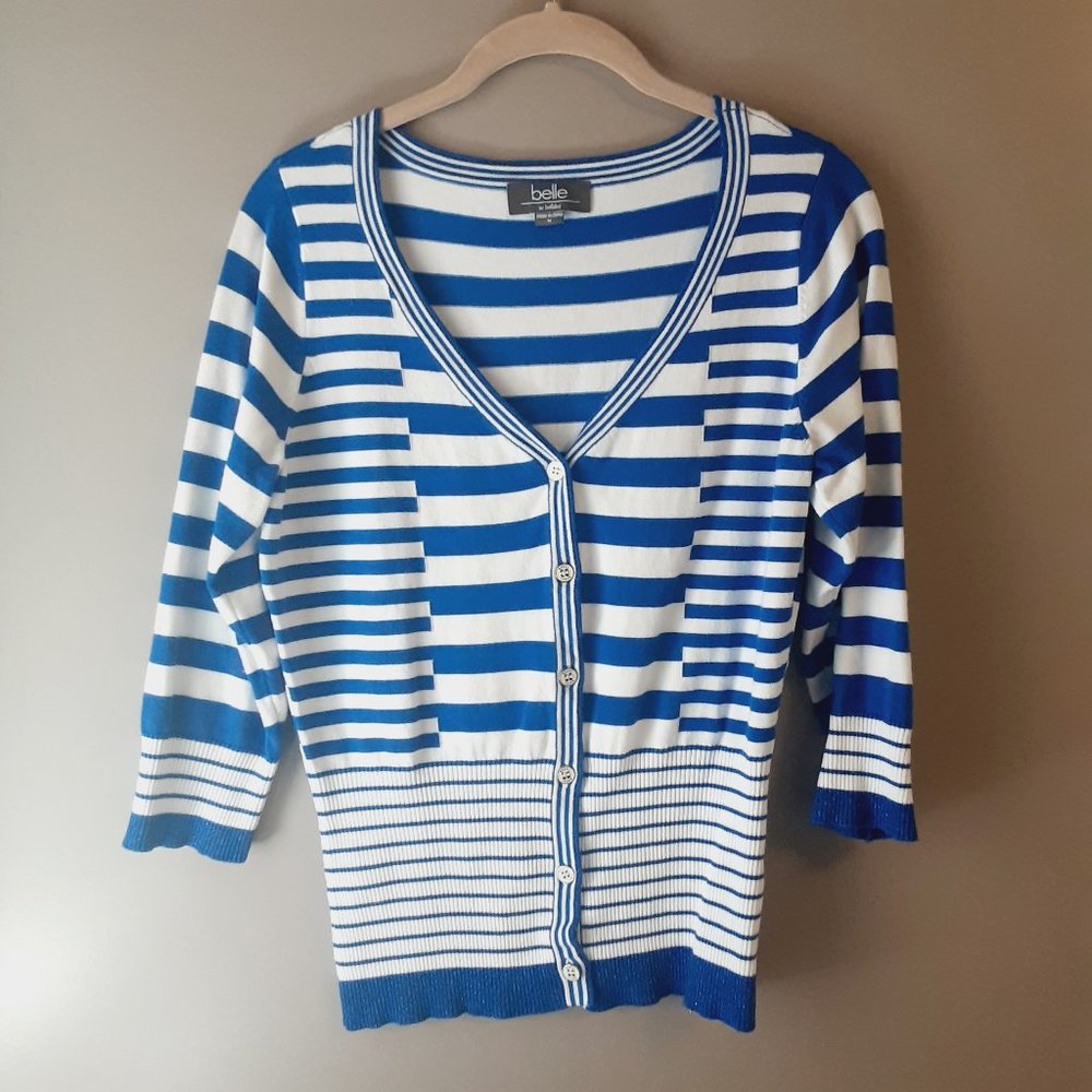 Belldini Striped Cardigan, V-neck, 3/4 Sleeve, Royal Blue & White | Medium